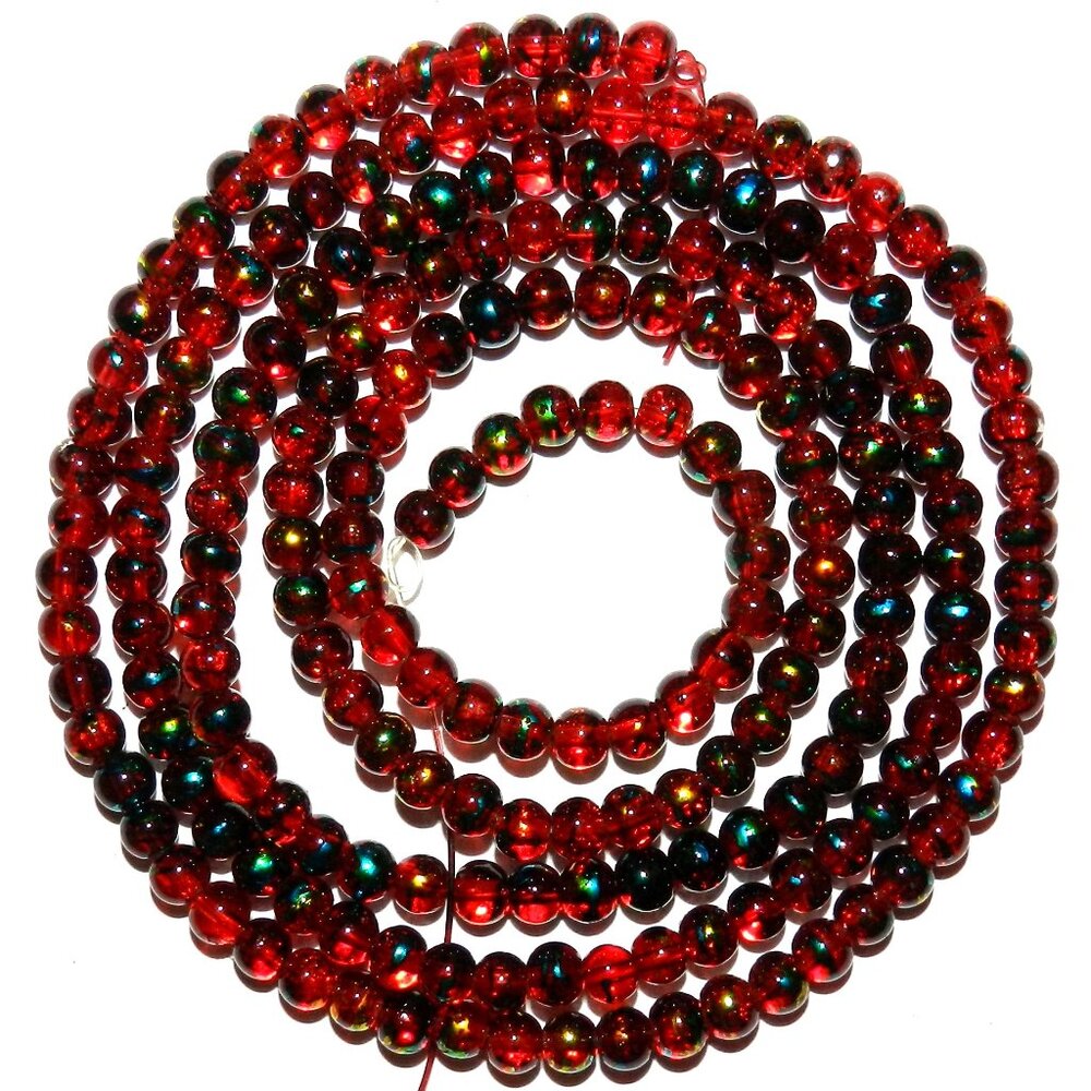 DIY Beads Red Metallic Drawbench Swirl 4mm Round Crackle Glass 32" Strand G3914